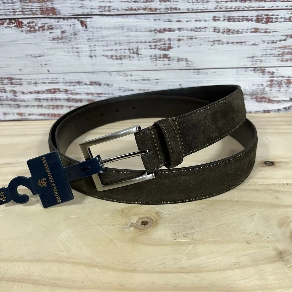 Brooks Brothers Brown Suede Belt Men’s Sz 44 Leather 5 Hole Silver Tone Buckle